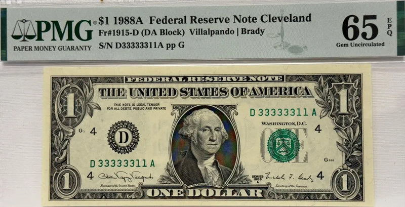 $1 1988A FRN Cleveland FR#1915-D (DA Block) Villalpando Brady S# D 33333311 A Heritage Pastime