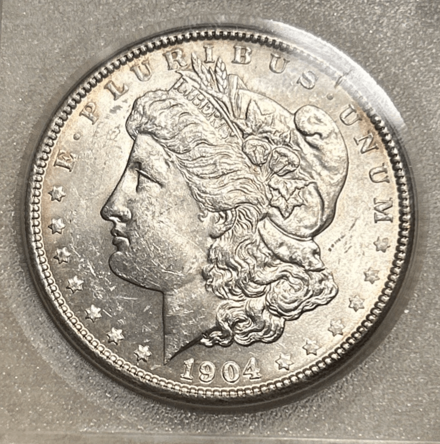 Close-up 1904-P Morgan Silver Dollar obverse Liberty head with wheat ear crown