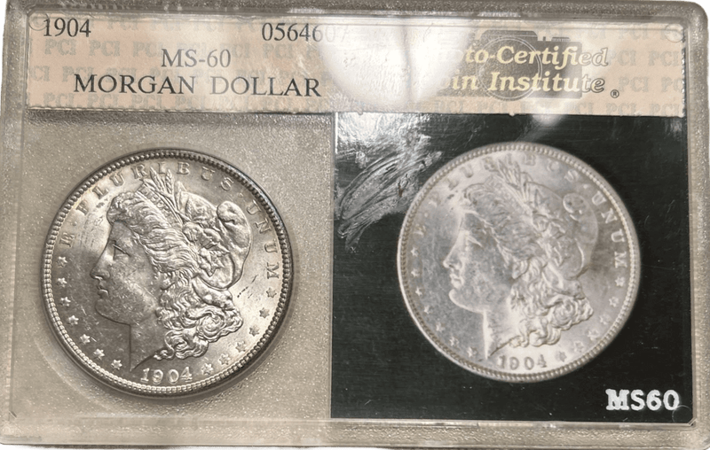 1904-P Morgan Silver Dollar obverse Liberty profile and reverse in MS-60 graded holder