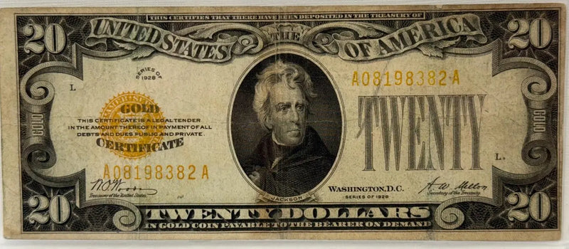 1928 $20 FR 2402 Gold Certificate. Circulated Heritage Pastime