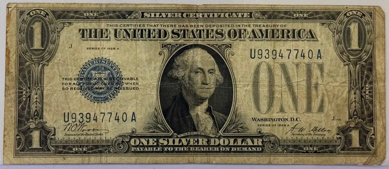 1928-A $1 Silver Certificate “Funnyback” – Blue Seal Note – Woods/Mills – Heavily Circulated Heritage Pastime