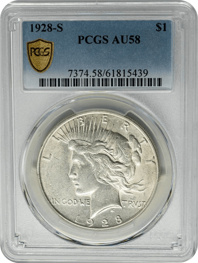 1928-S Peace Silver Dollar $1 PCGS AU58 graded coin obverse detail
