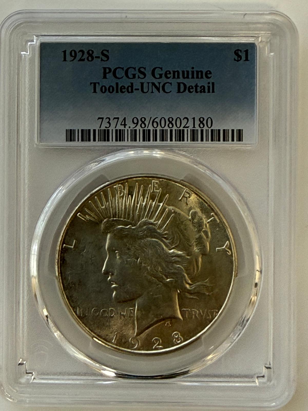 1928-S Peace Silver Dollar PCGS Genuine Tooled UNC Details – Key Date San Francisco Issue