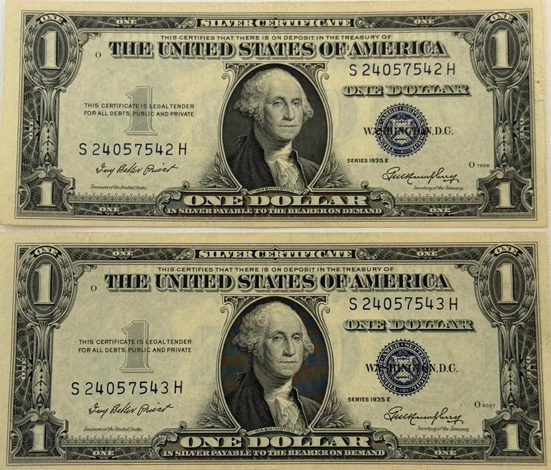 1935 E (2) $1 Fr. 1614 Silver Certificate. Consecutive Silver Certificates, UNC Rare Collectible Set Heritage Pastime