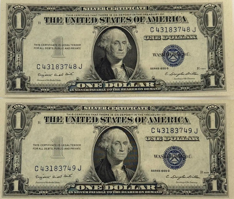 1935 G (2) $1 Fr. 1616 Silver Certificate. Consecutive Silver Certificates, UNC Heritage Pastime