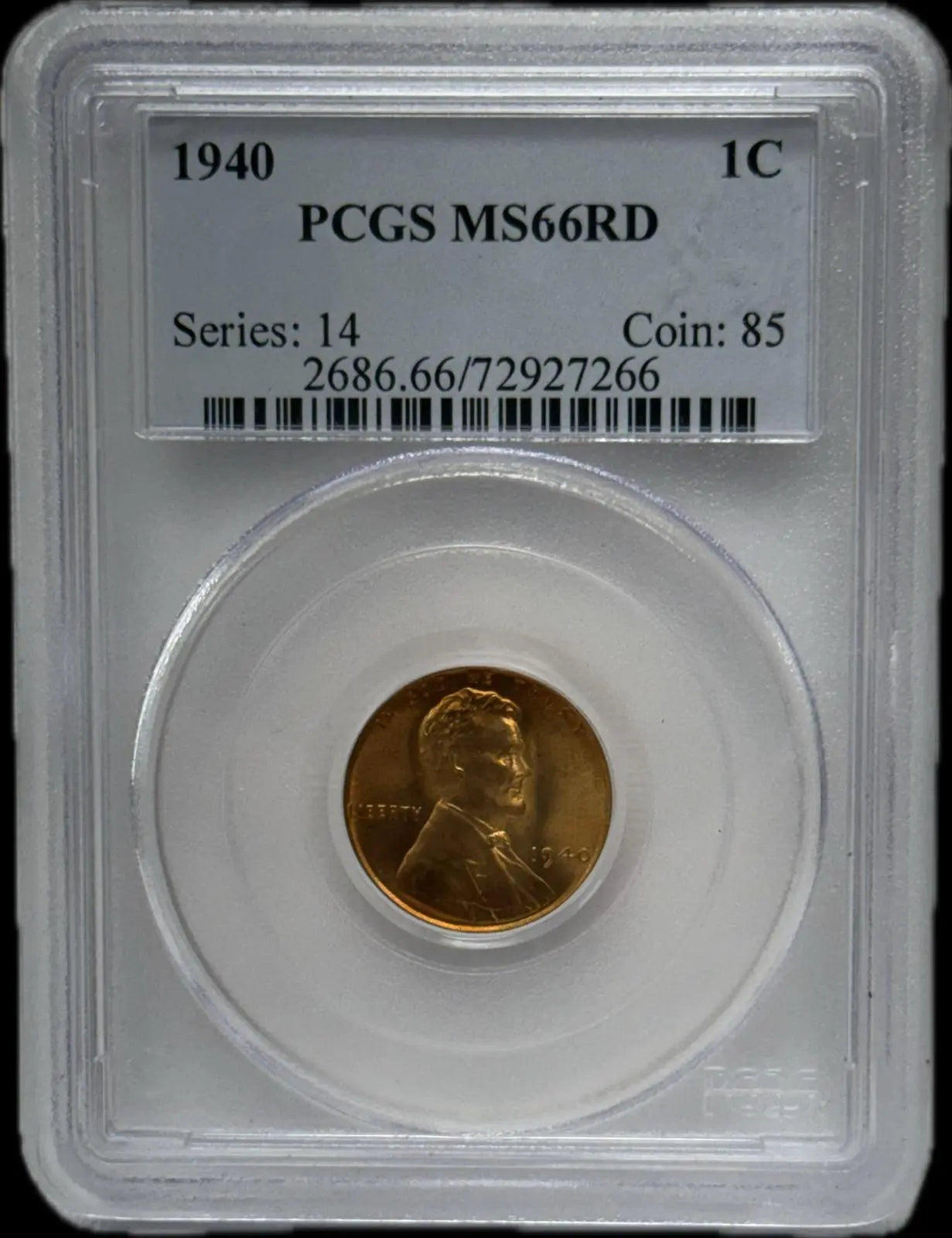 1940 Lincoln Cent, MS66RD – Series 14, Coin 85 Outstanding Coin Heritage Pastime