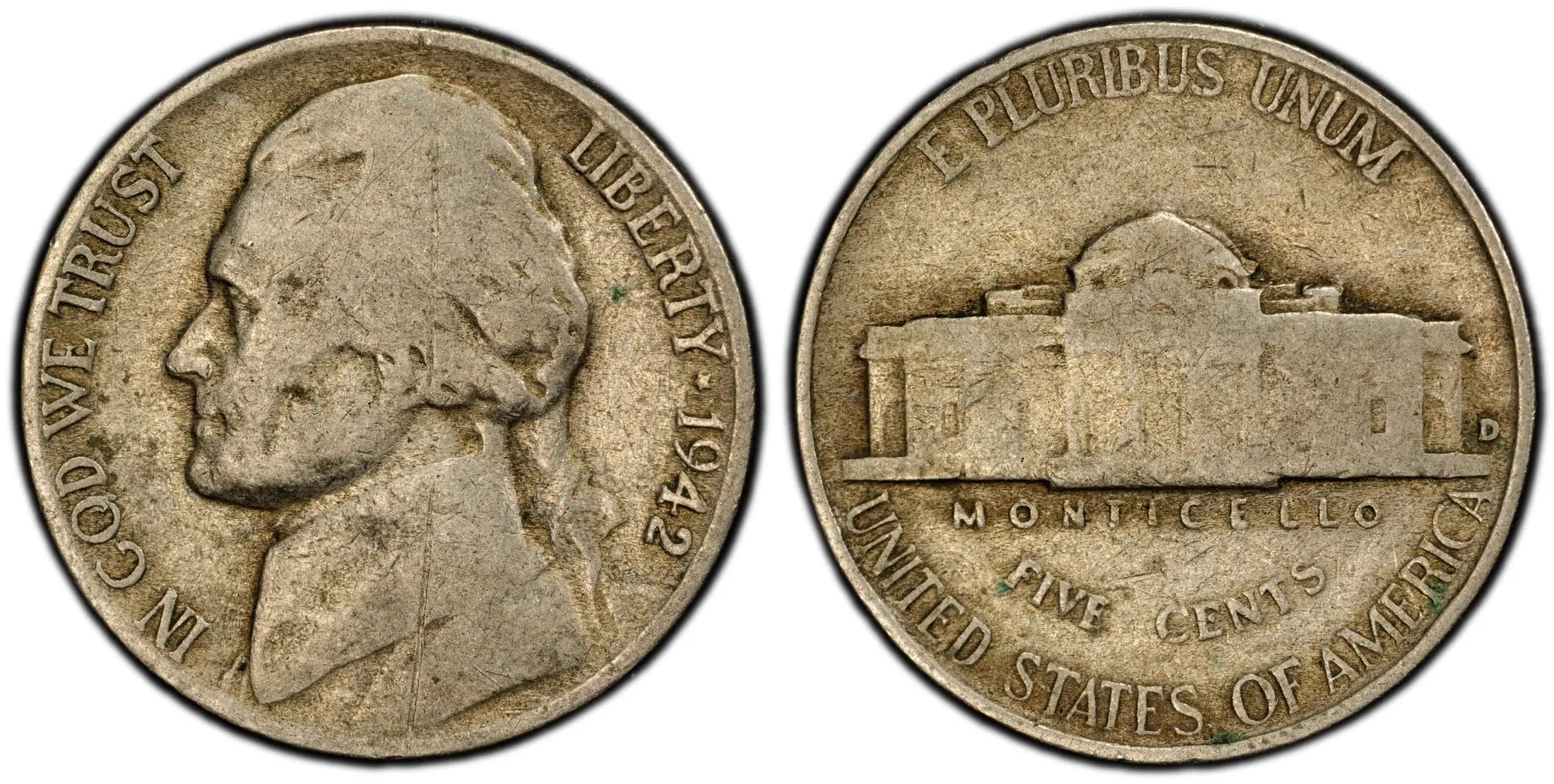 1942-D Jefferson Nickel – PCGS Genuine G Details (Scratch) – Early WWII Era Issue Heritage Pastime