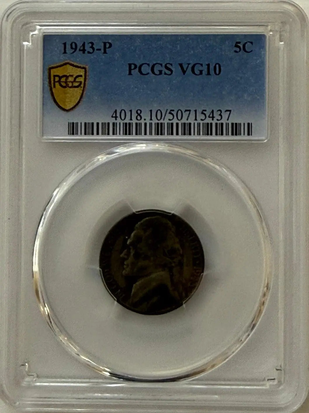 1943-P Jefferson War Nickel PCGS VG10 – 35% Silver WWII Issue Heritage Pastime