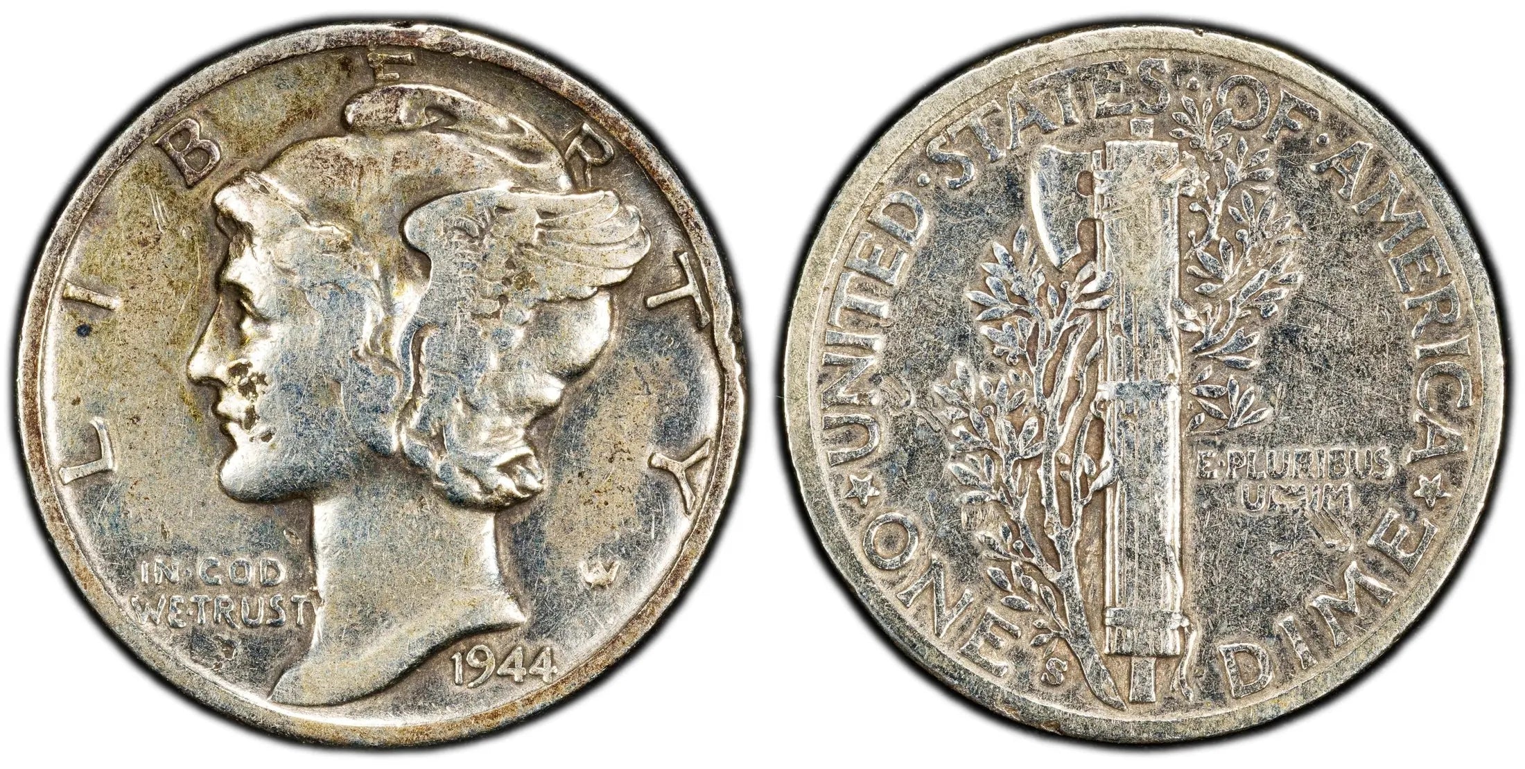 1944-S Mercury Dime 10C – PCGS Genuine VF Details (Damage) | WWII Era Silver Coin Heritage Pastime