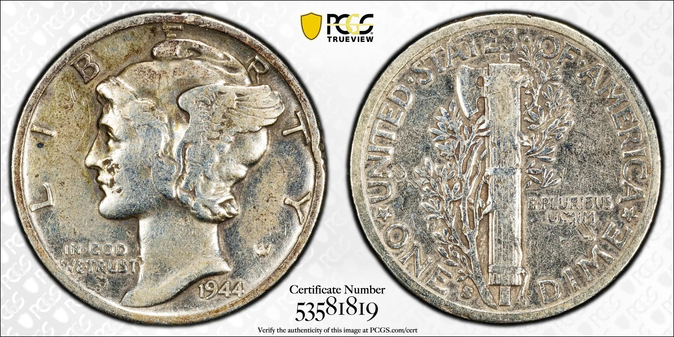 1944-S Mercury Dime 10C – PCGS Genuine VF Details (Damage) | WWII Era Silver Coin Heritage Pastime