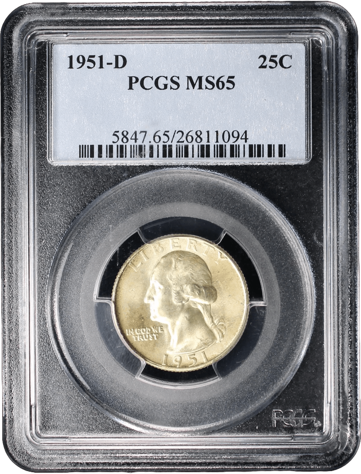 Obverse of 1951-D Washington Silver Quarter PCGS MS65 graded coin slab