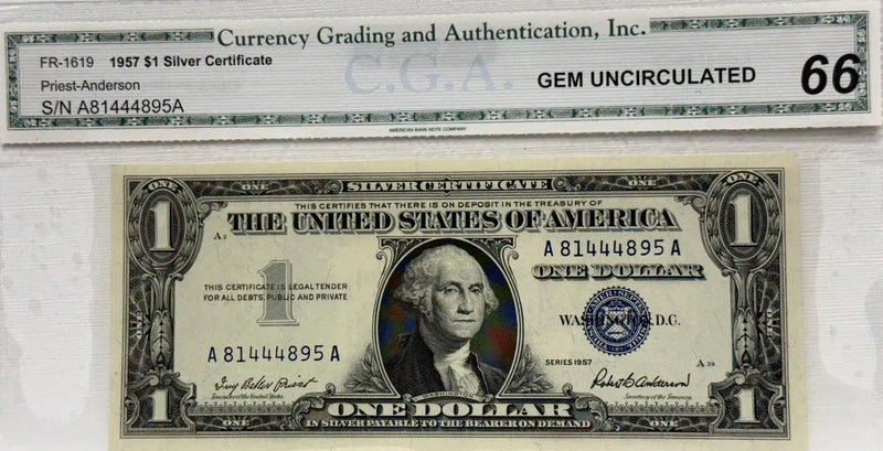 1957 $1 FR 1619 Silver Certificate S# A 81444895 A CGA-66 Heritage Pastime