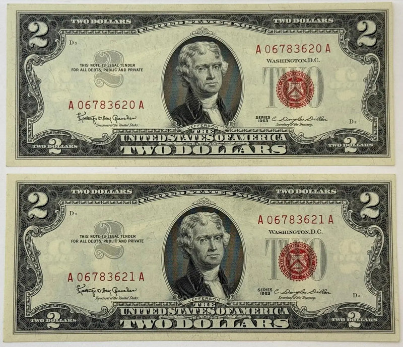 1963 $2 United States Note (Red Seal) – Consecutive Serial Numbers | Historic Legal Tender Currency Heritage Pastime