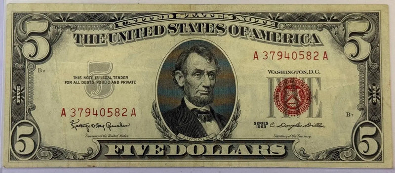 1963 $5 United States Note – Red Seal – Granahan/Dillon Signatures – Vintage Legal Tender Heritage Pastime
