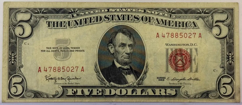 1963 $5 United States Note – Red Seal Legal Tender – Lincoln – Circulated Vintage Currency Heritage Pastime