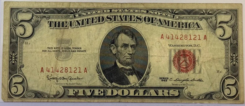 1963 $5 United States Note – Red Seal – Lincoln – Dillon Signature – Vintage Legal Tender Heritage Pastime