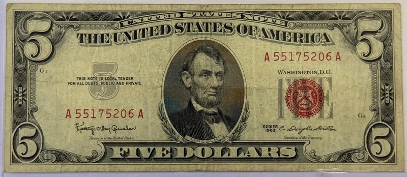 1963 $5 United States Note – Red Seal – Lincoln – Vintage Legal Tender Currency Heritage Pastime