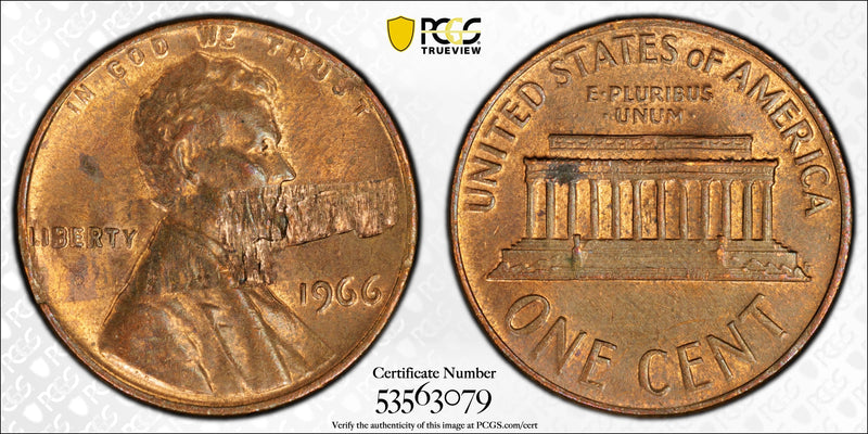 1966 Lincoln Cent 1C – PCGS MS62RB Obverse Lamination Error | Rare Mint Error Coin Heritage Pastime