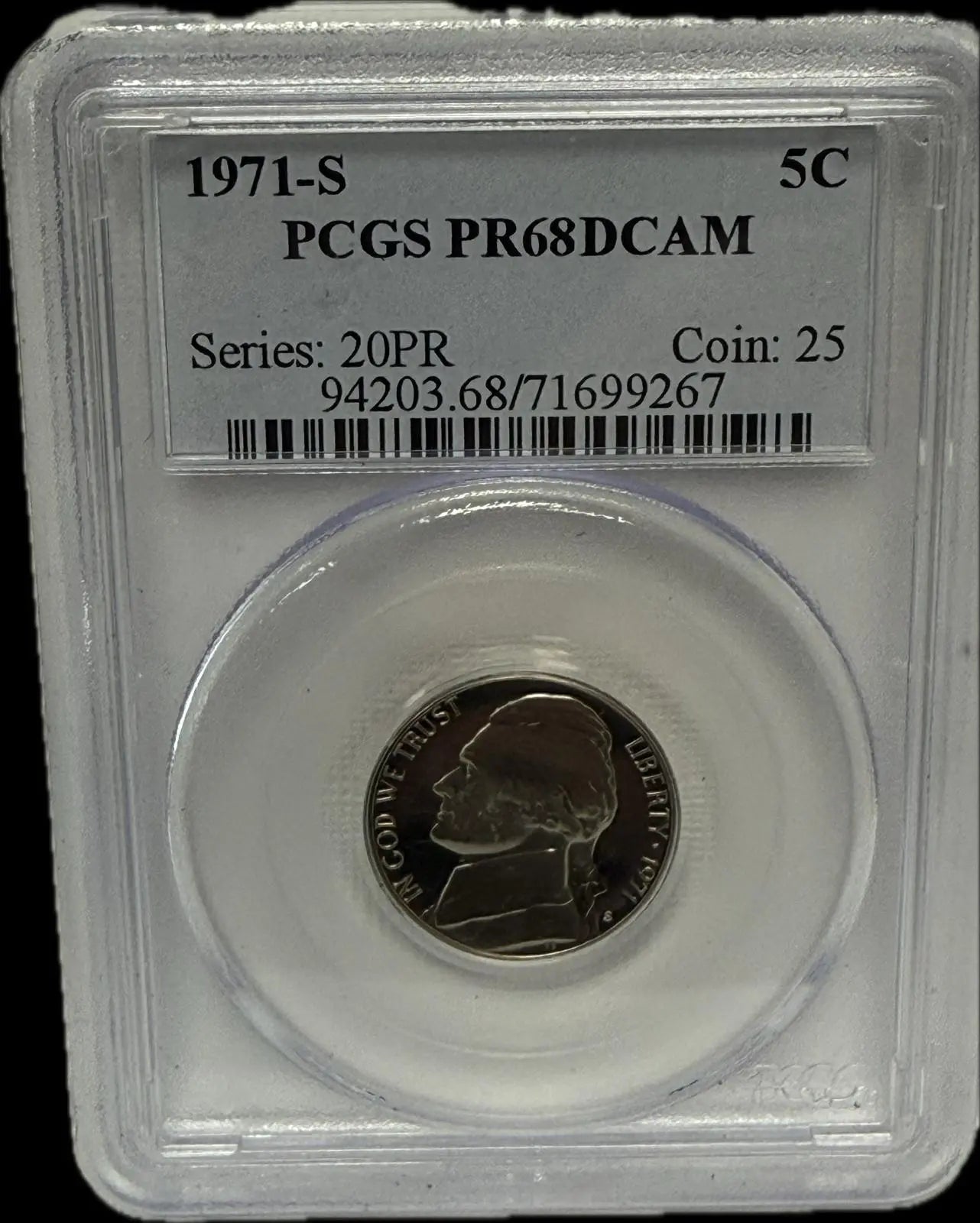1971-S Jefferson Nickel 5¢ PCGS PR68 DCAM – Deep Cameo Proof Gem – San Francisco Mint Series 20PR Heritage Pastime