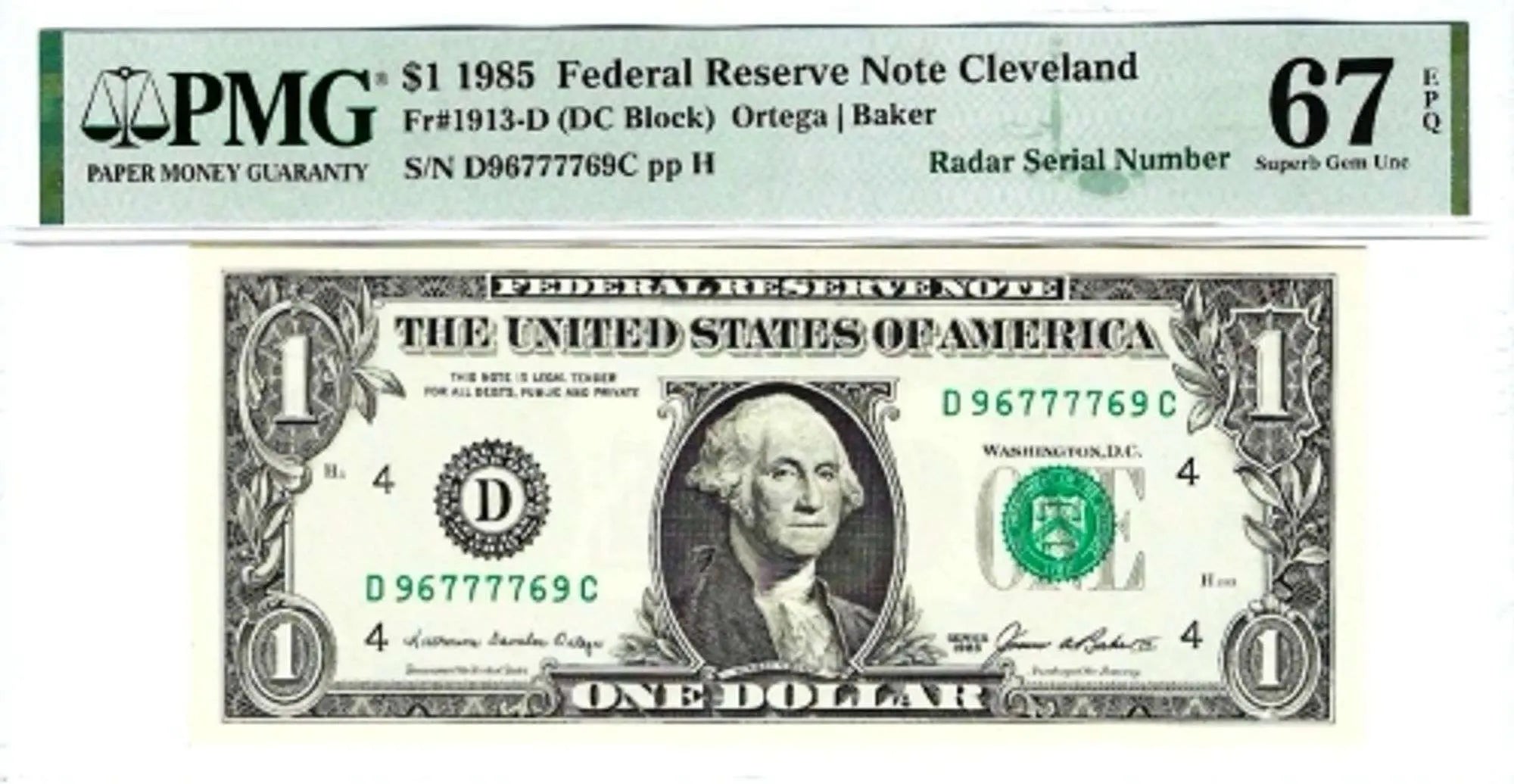 1985 $1 Cleveland Fancy Radar 96777769 PMG 67 EPQ! Superb Heritage Pastime