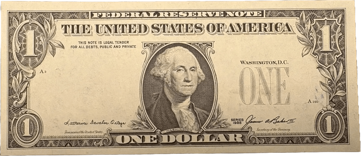 1985 $1 ERROR Note. Great Condition! Serial number and seal on reverse. RARE! Heritage Pastime