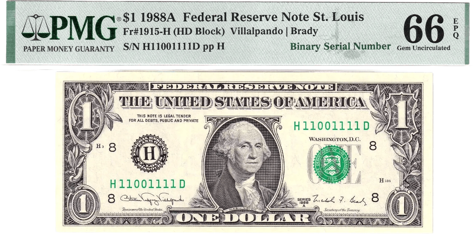 1988-A $1 FRN PMG 66EPQ Fancy NEAR SOLID 6 DIGIT 0/1 BINARY Serial #H11001111D Heritage Pastime