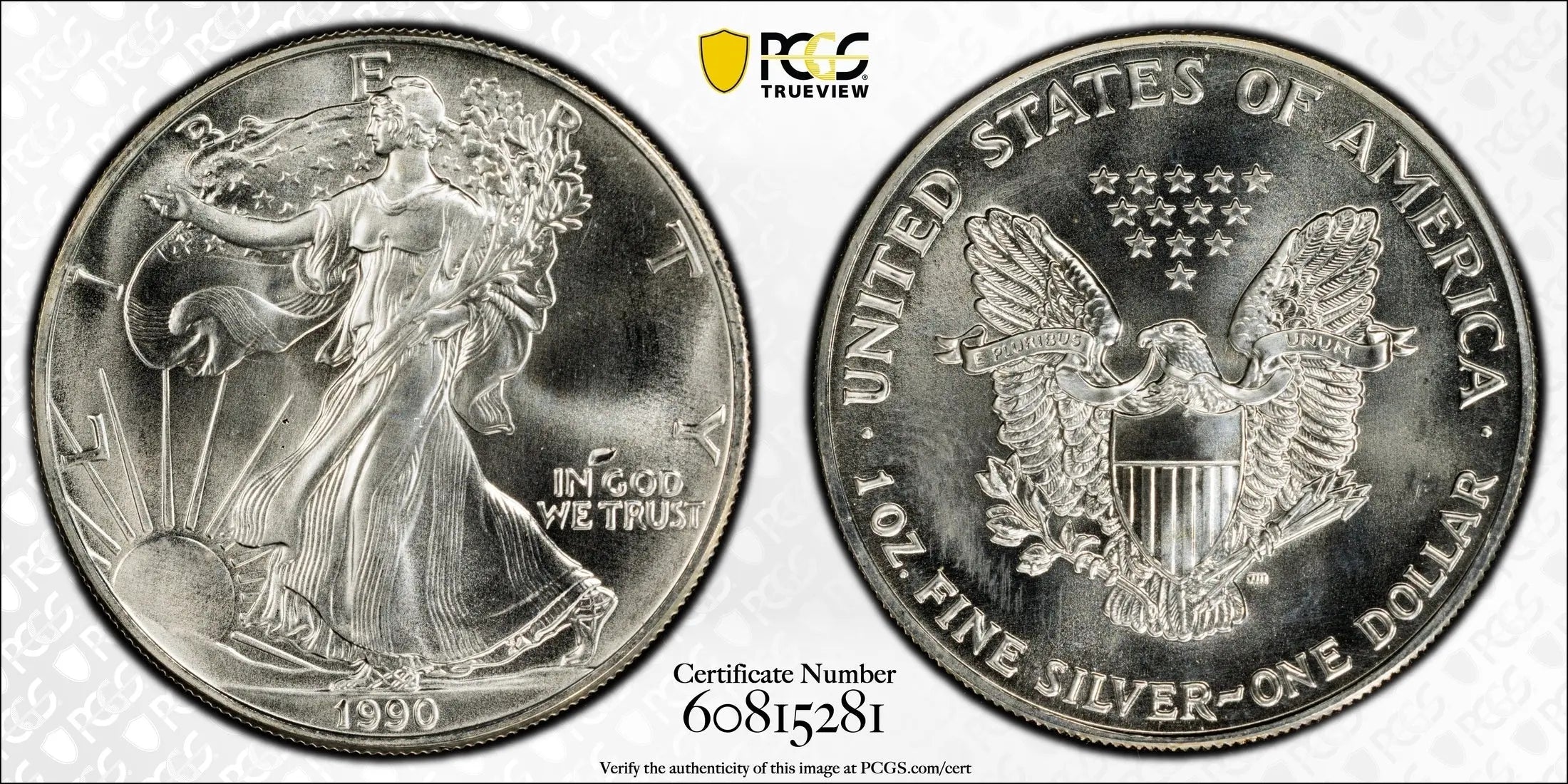 1990 American Silver Eagle $1 – PCGS MS67 | Brilliant Uncirculated U.S. Bullion Coin Heritage Pastime