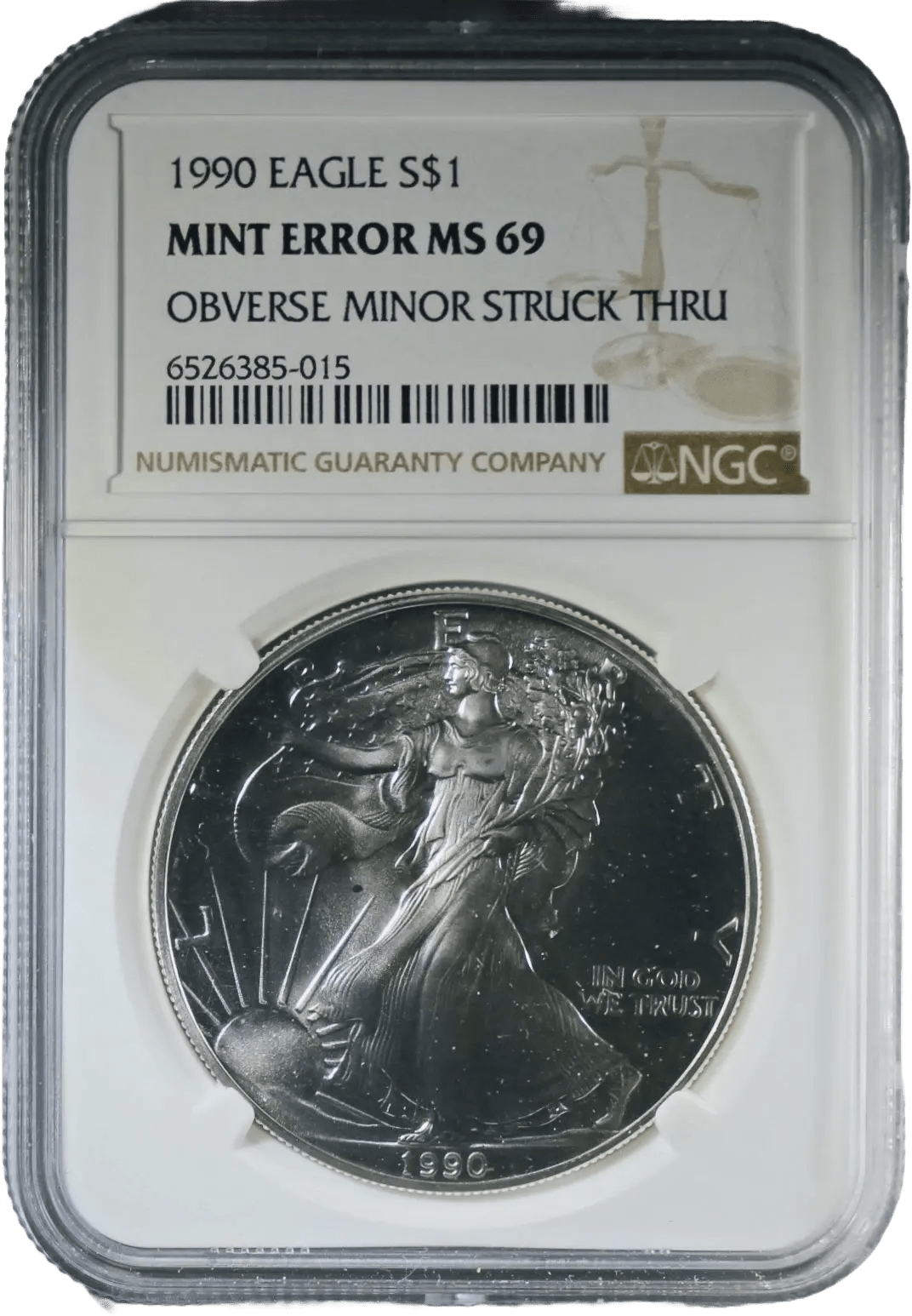 1990 American Silver Eagle MS69 NGC – Obverse Struck-Through Mint Error Heritage Pastime