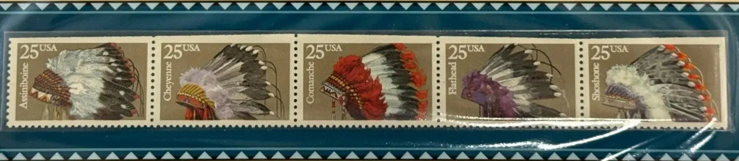 1990 “Indian Headdresses” Booklet Pane of 5 – 25¢ U.S. Stamps | MNH Folk Art Series Heritage Pastime
