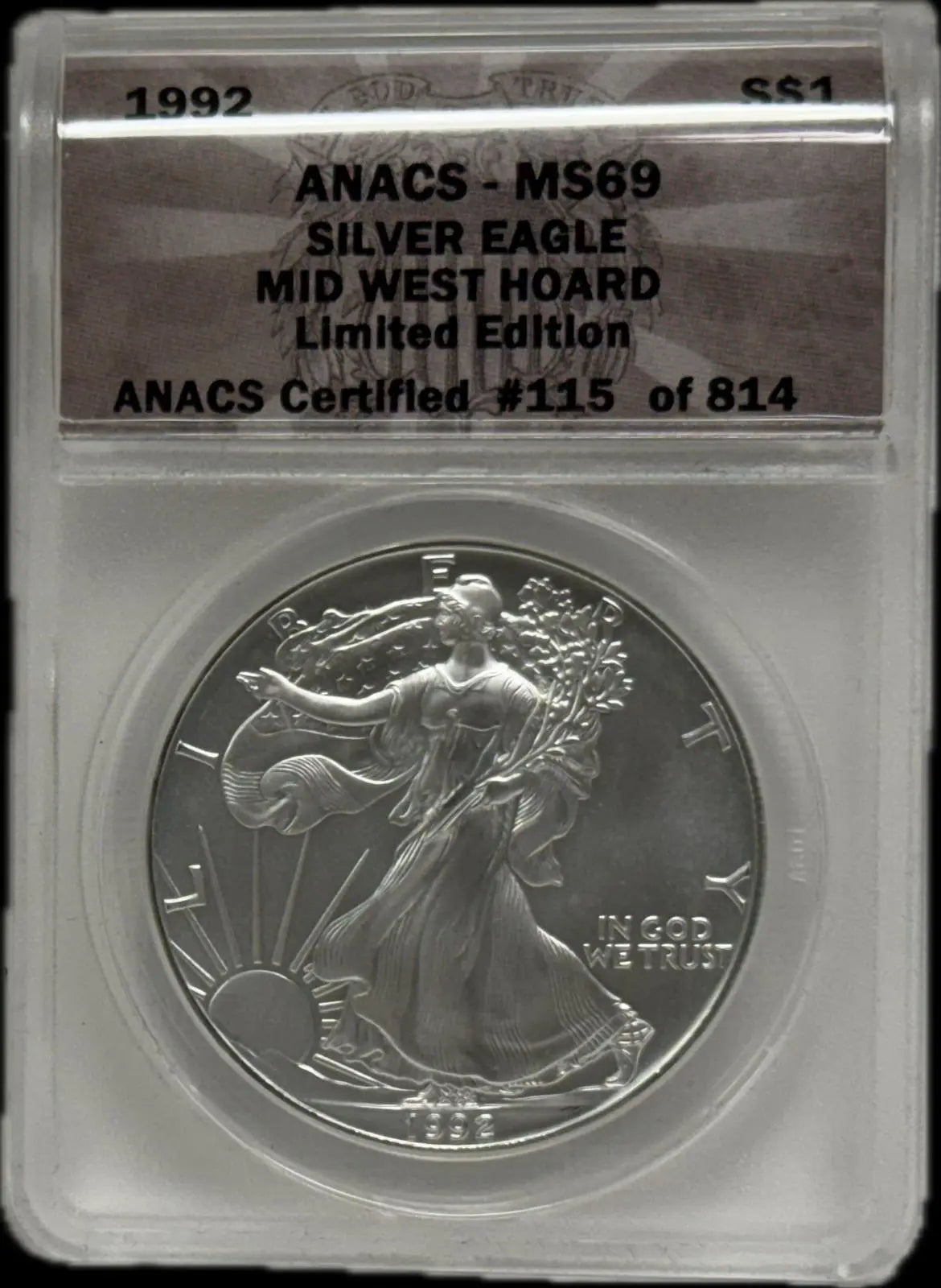 1992 Silver Eagle $1 MS69 ANACS – Mid West Hoard Limited Edition #115 of 814 Heritage Pastime