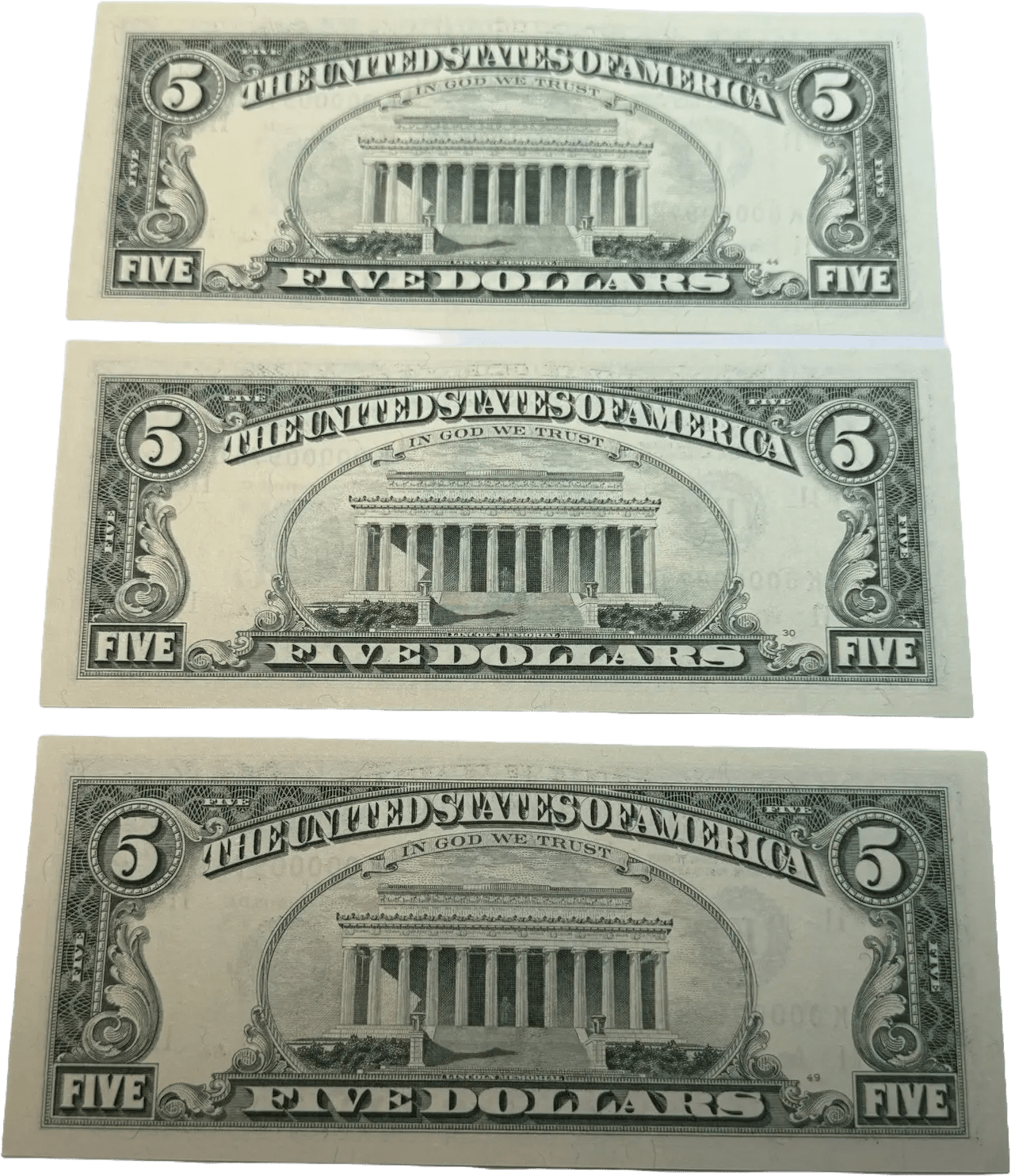 1995 3 DIGIT LOW SERIAL NUMBER 974 $5 Dollar Bills FANCY K00000927C~3 CONSECUTIVE Heritage Pastime