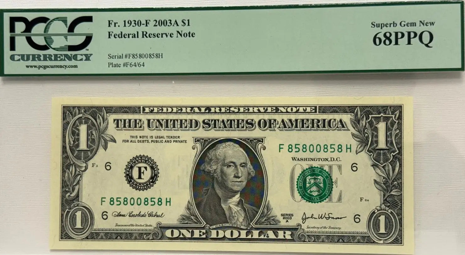 2003A $1 FR 1930-F FRN REPEATER Serial # F 85800858 H PCGS 68PPQ Heritage Pastime