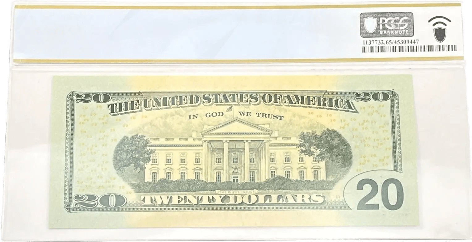 2006 $20 FRN reverse side in PCGS 65 PPQ slab with White House design