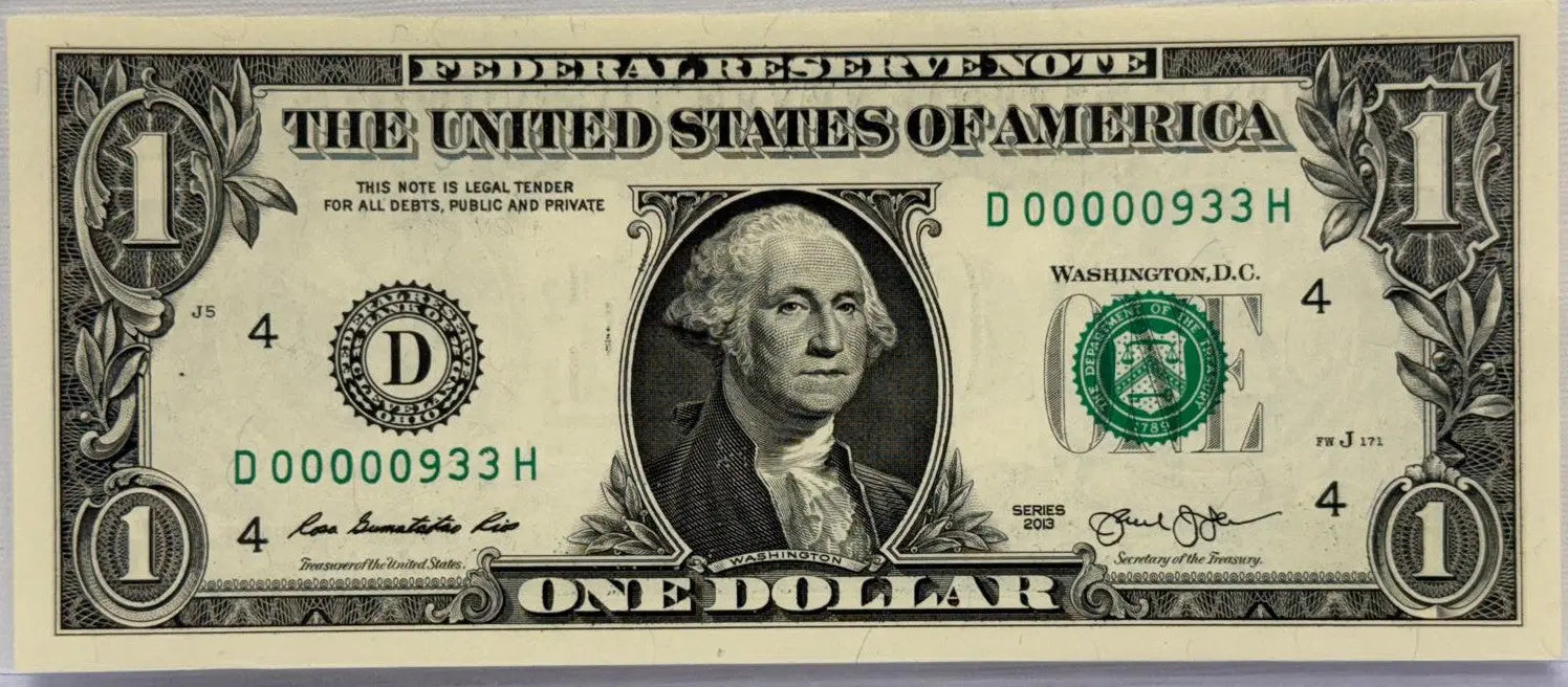 2013 $1 Dollar Bill 3 DIGIT LOW SERIAL NUMBER 933 FANCY D 00000933 H Heritage Pastime