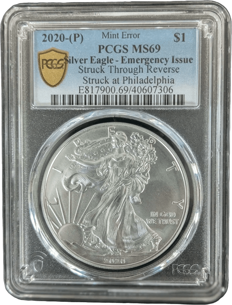 2020 (P) American Silver Eagle MS69 PCGS Struck Thru Rev Emergency Issue – Rare Mint Error Heritage Pastime