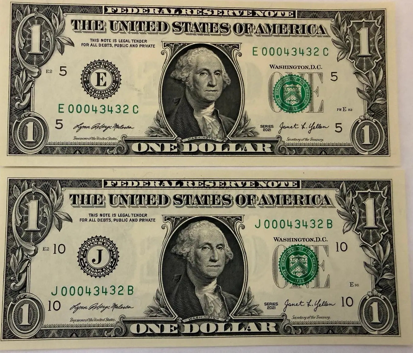 2021 $1 LOW DUPLICATE SERIAL NUMBER MATCHING DOLLAR NOTES! –SAME SERIALS E 00043432 C & J 00043432 B Heritage Pastime