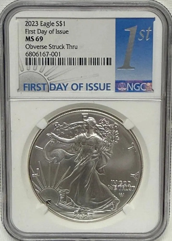 2023 Silver Eagle $1 MS69 First Day of Issue – Obverse Struck-Thru Error Heritage Pastime