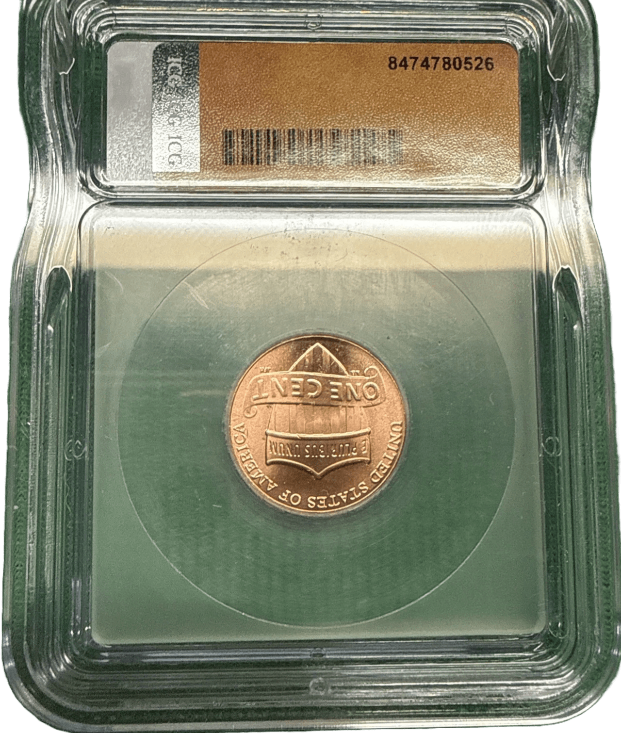 Reverse side of 2025-D Lincoln Shield cent in protective ICG holder with barcode label