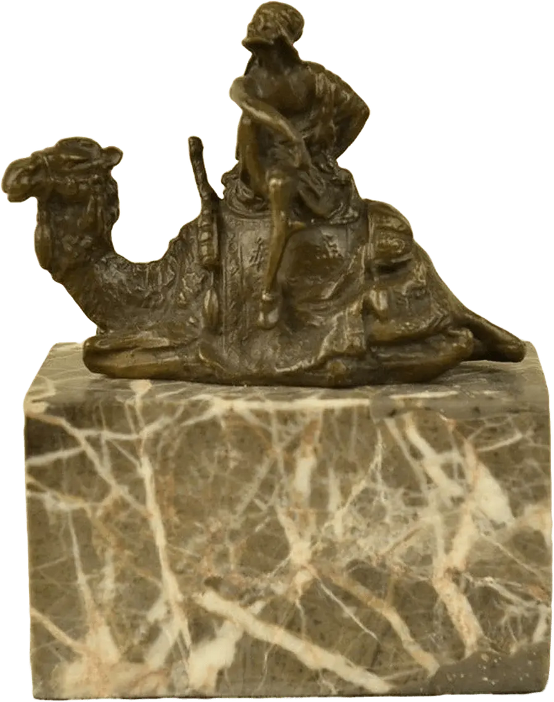 Arab Man Camel Rider Bronze Sculpture | Lost Wax Cast | Marble Base | Detailed Desert Scene Heritage Pastime