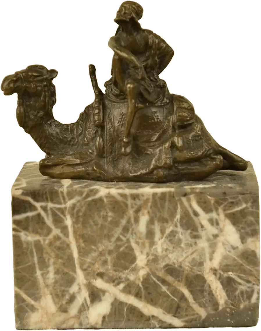 Arab Man Camel Rider Bronze Sculpture | Lost Wax Cast | Marble Base | Detailed Desert Scene Heritage Pastime