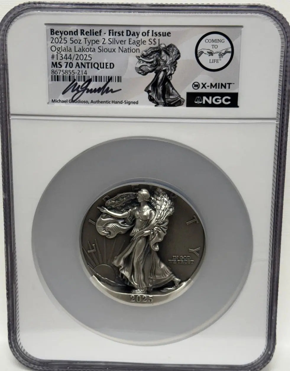 Beyond Relief 2025 First Day of Issue 5oz Type 2 Silver Eagle – Oglala Lakota Sioux Nation, MS70 Antiqued, Limited Edition #1344/2025 Heritage Pastime
