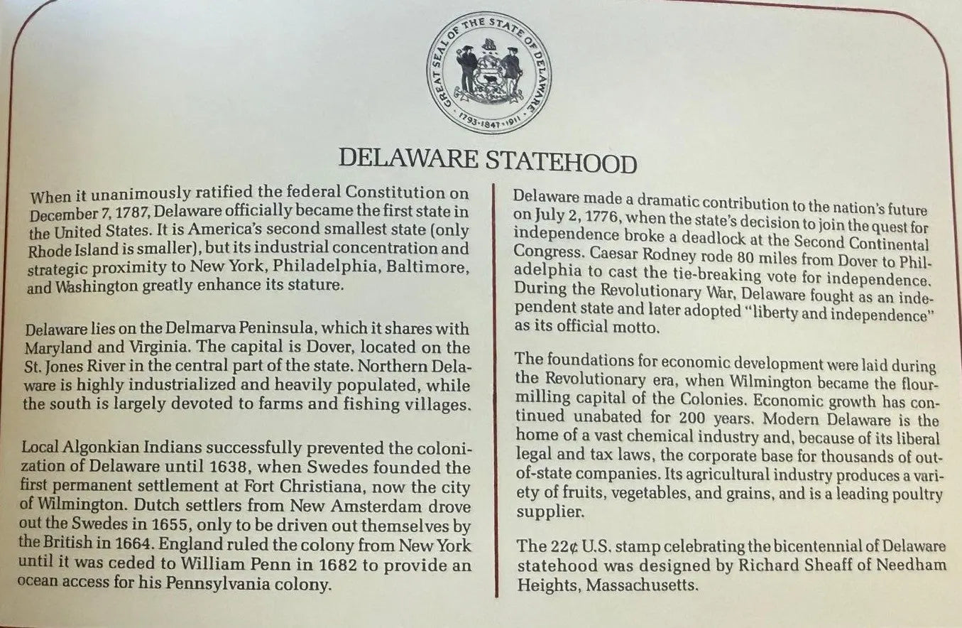 Delaware Statehood First Day Cover (FDC) – July 4, 1987 | U.S. Commemorative Postal Cover Heritage Pastime