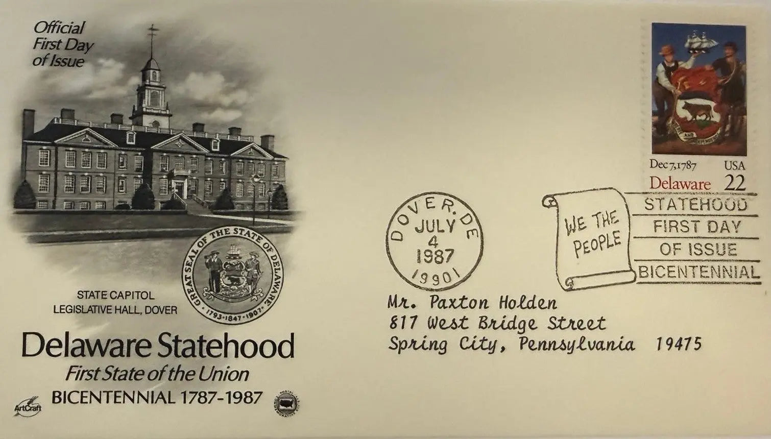 Delaware Statehood First Day Cover (FDC) – July 4, 1987 | U.S. Commemorative Postal Cover Heritage Pastime