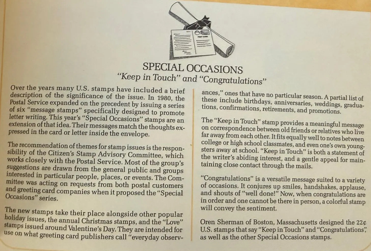 First Day Cover (FDC) 1987 – U.S. "Special Occasions" Stamp Series | Atlanta, GA Commemorative Cover Heritage Pastime