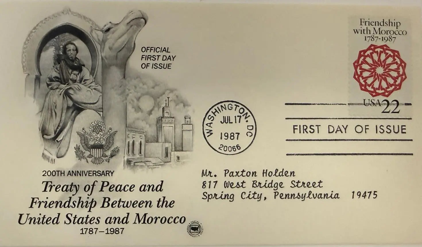 First Day Cover (FDC) – 200th Anniversary of U.S.–Morocco Treaty of Peace and Friendship | Commemorative U.S. Postal Cover Heritage Pastime
