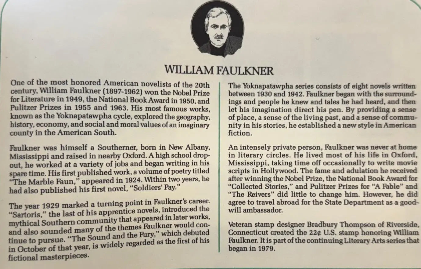 First Day Cover (FDC) – Commemorating William Faulkner | U.S. Stamp with ArtCraft Cachet Heritage Pastime