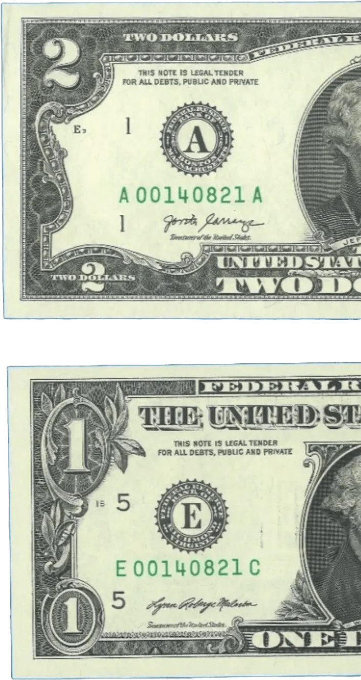 LOW DUPLICATE SERIAL NUMBER MATCHING $2 AND $1 NOTES! –SAME SERIALS Heritage Pastime