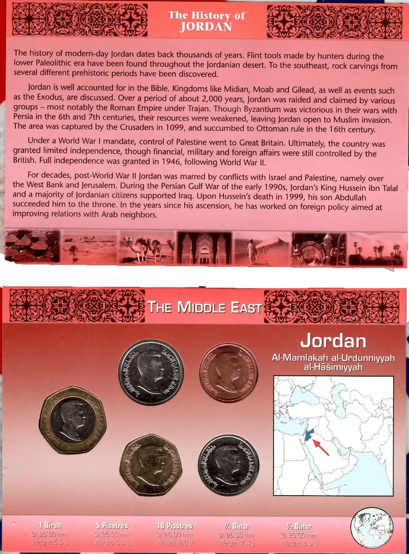 Littleton World Coin Set Jordan w/card 2000-2009 UNC 1/2 Dinar 2008 Qirsh 2000 Heritage Pastime