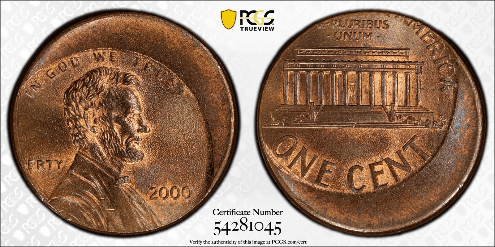 Side-by-side view of 2000 Lincoln Memorial cent error coin with PCGS TrueView logo