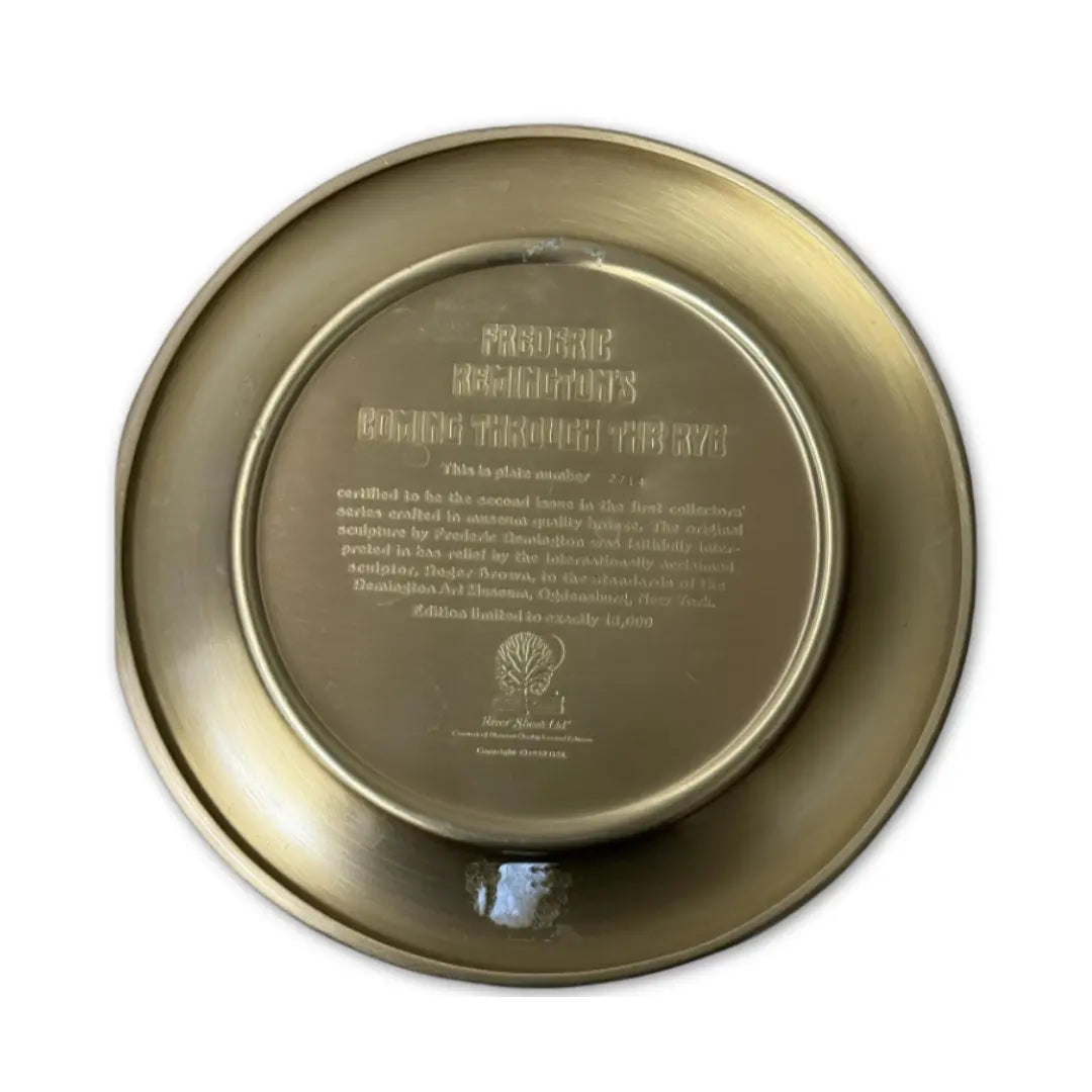 River Shore Ltd. limited edition bronze collector's plate featuring the "Coming through the Rye" sculpture by Frederic Remington. Heritage Pastime